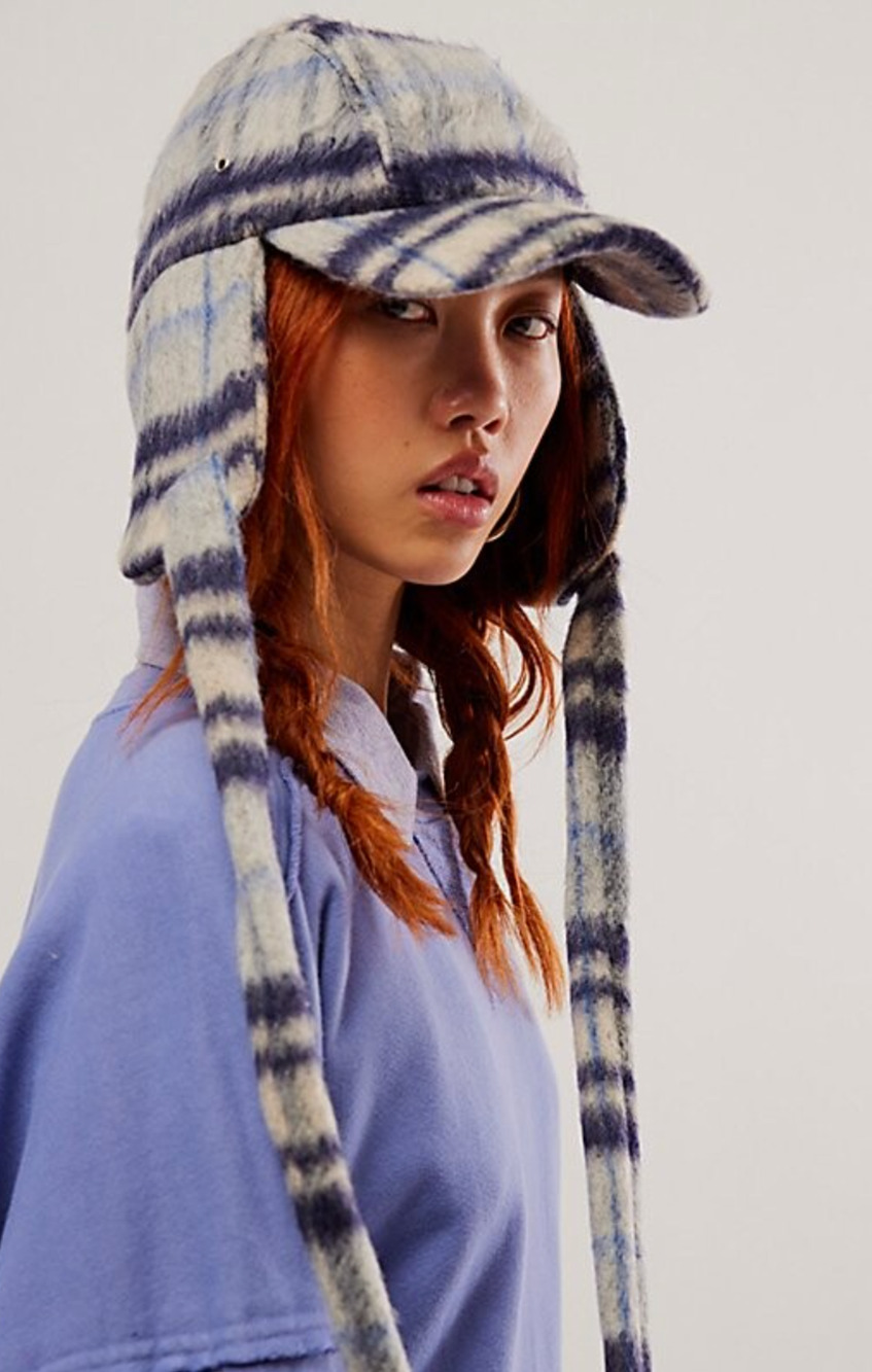 NEW FREE PEOPLE BLUE CARTER BRUSHED PLAID TRAPPER HAT